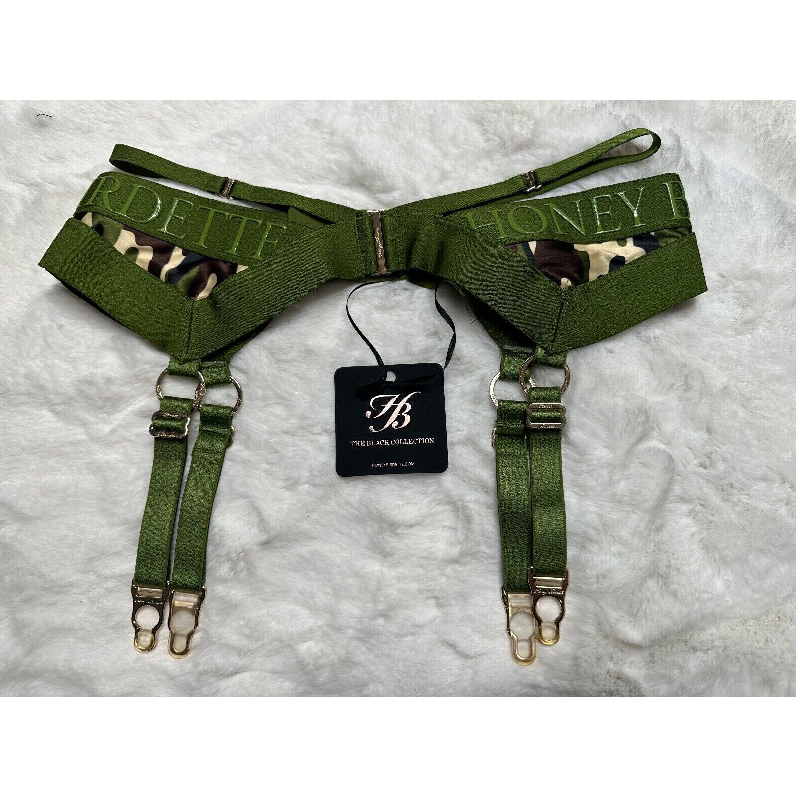 RARE Honey Birdette ELVIS Green Camo Camouflage Garter Suspender Belt Small