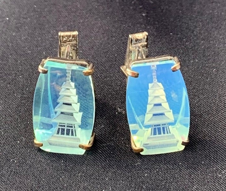 Japan Fine Silver Cufflinks & Tie Clip Set w Pagoda Reverse Carved Opaline Glass