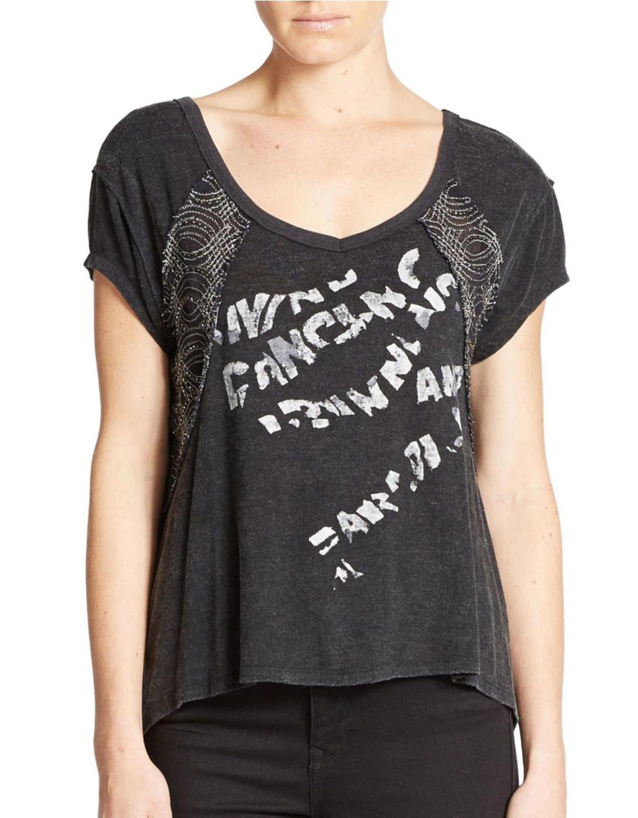 FREE PEOPLE We The Free Graphic Embroidered Mesh Embellished Tee Sz XS New