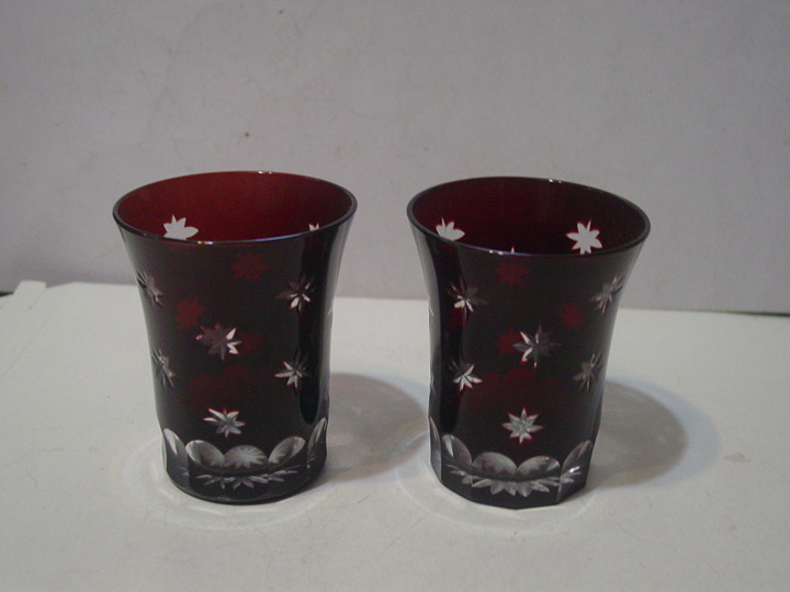 2 Antique Red Bohemian Cut 3 1/4 Glasses