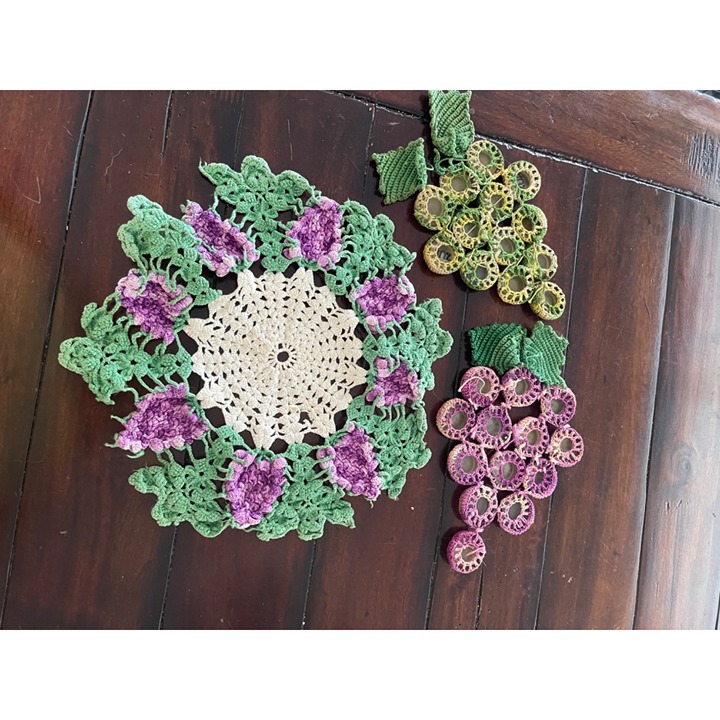 Antique Crochet 3D Doily And Trivets Made From Bottle Caps Purple Distressed