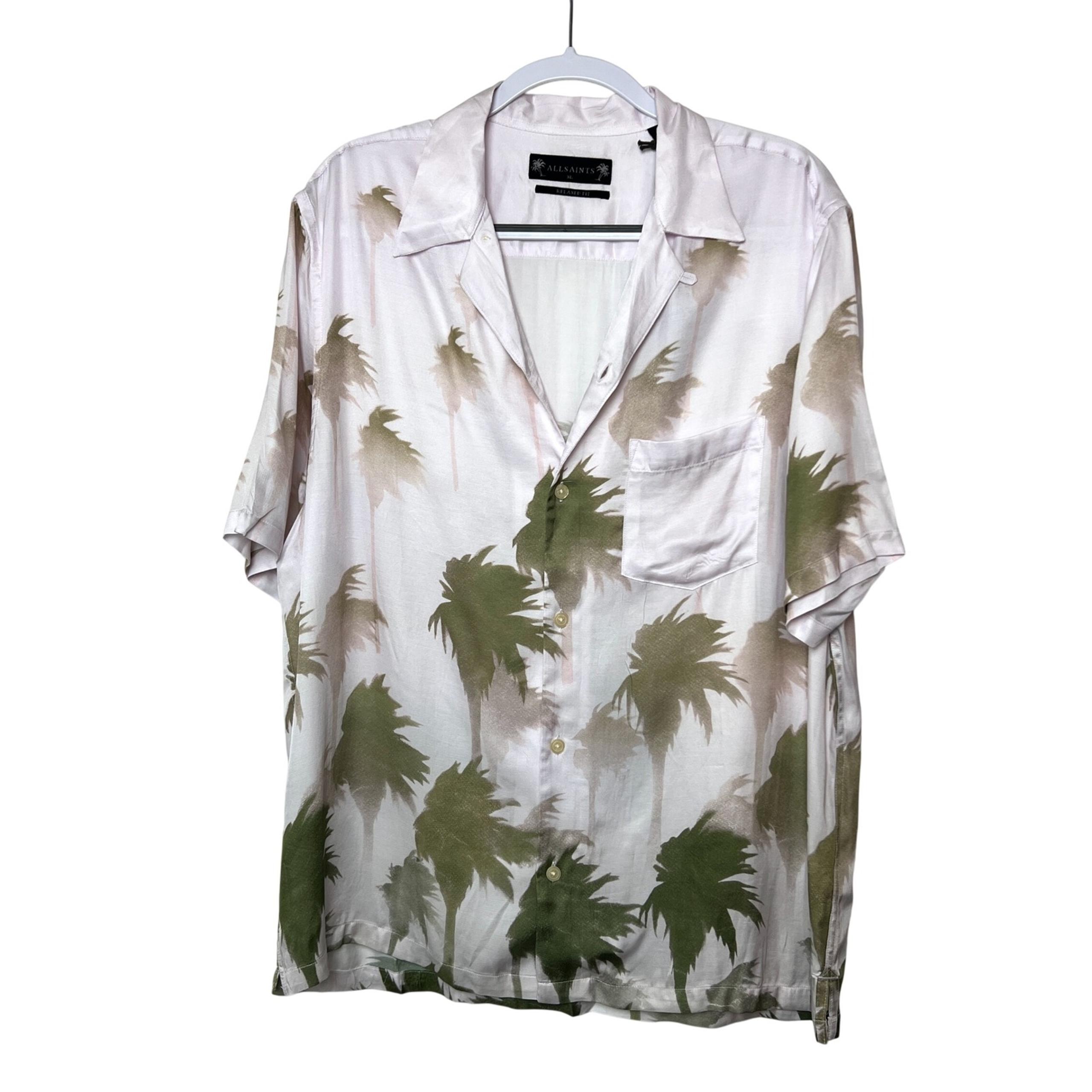 AllSaints Islands Short Sleeve Camp Shirt Pastel Pink Palm Relaxed Fit XL NWT
