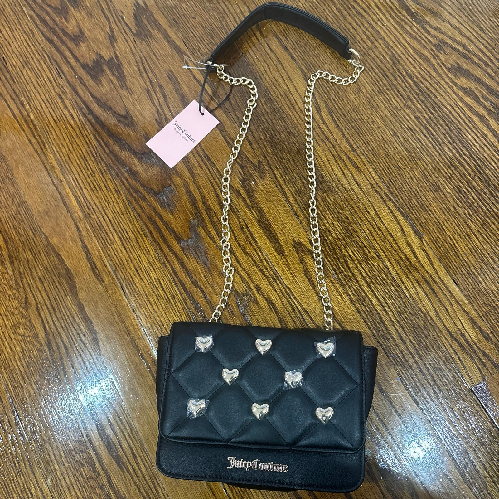 Juicy couture quilted style pleather black purse with gold braided chain strap