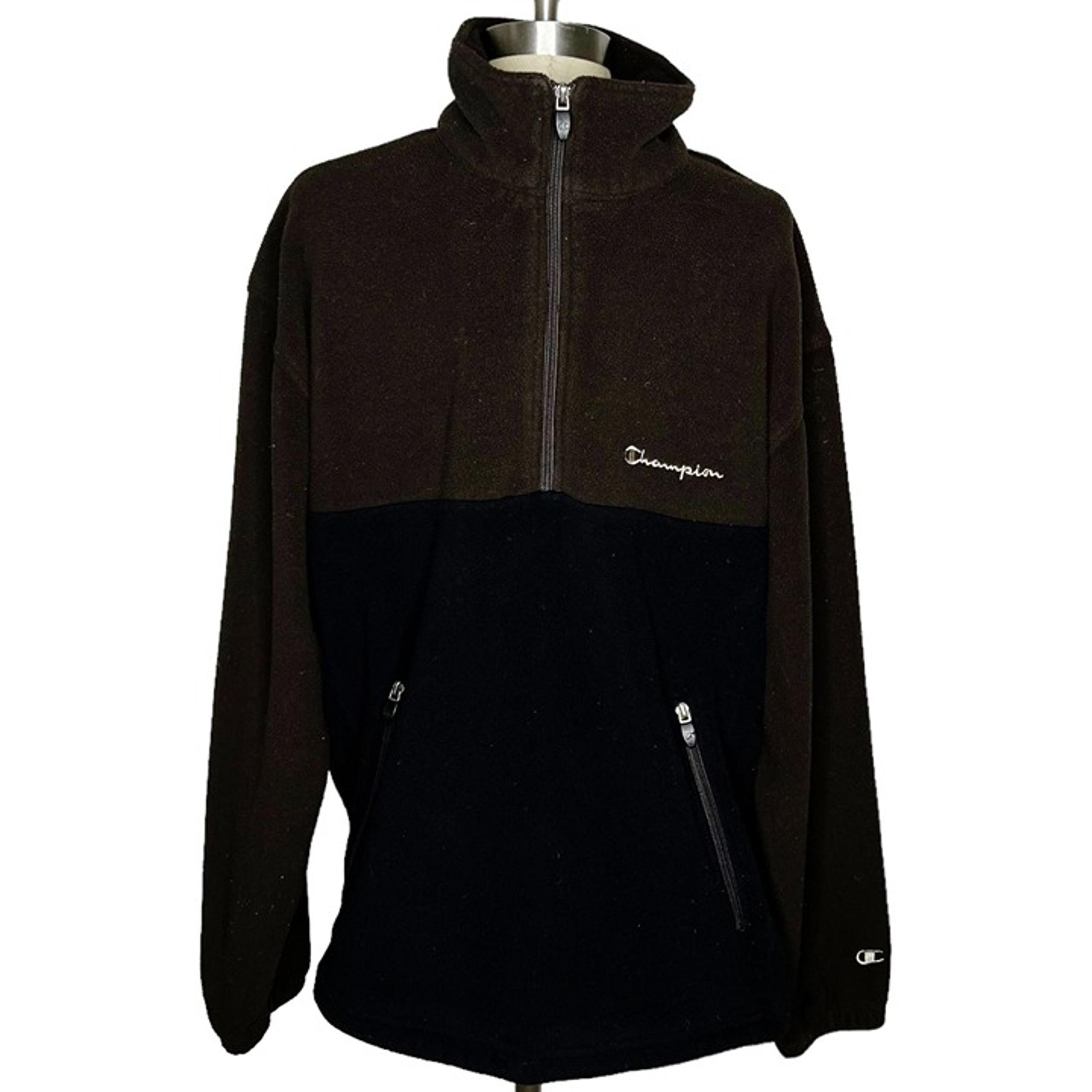 Champion Pullover Mens Size M Spellout Brown Black Fleece Quarter Zip