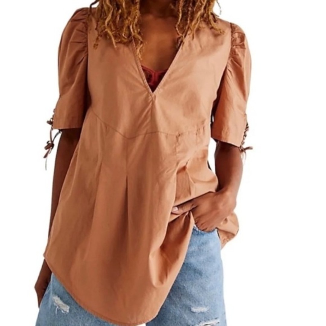 (A8) NEW Free People Emmy Solid V-Neck Tunic Top Brown, Size XSmall, NWOT