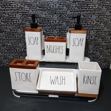 Rae Dunn Wood Trim Bathroom 6pc Set *