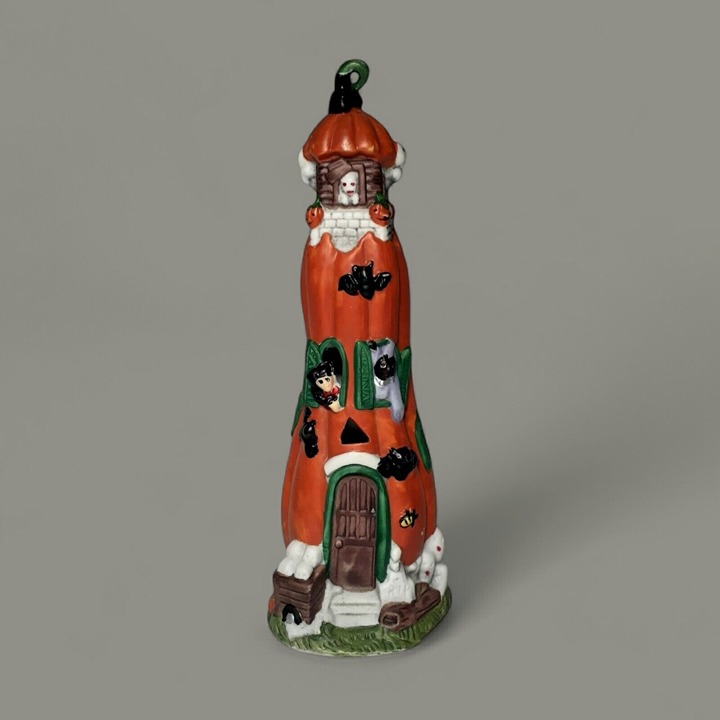 Tall Ceramic Haunted House Tree Trunk Ghosts Ghoul Witch Skeleton 8.5 Halloween