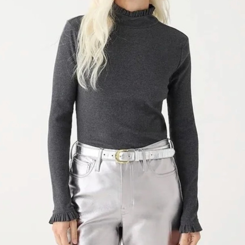 NWT J. Crew Vintage Rib Ruffle Mockneck Shirt Dark Gray Long Sleeve Size L