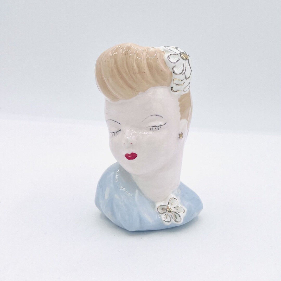 Vintage 50's Glamour Girl Lady Head Vase Blue W/ Gold Gilt Flowers Planter. Flaw