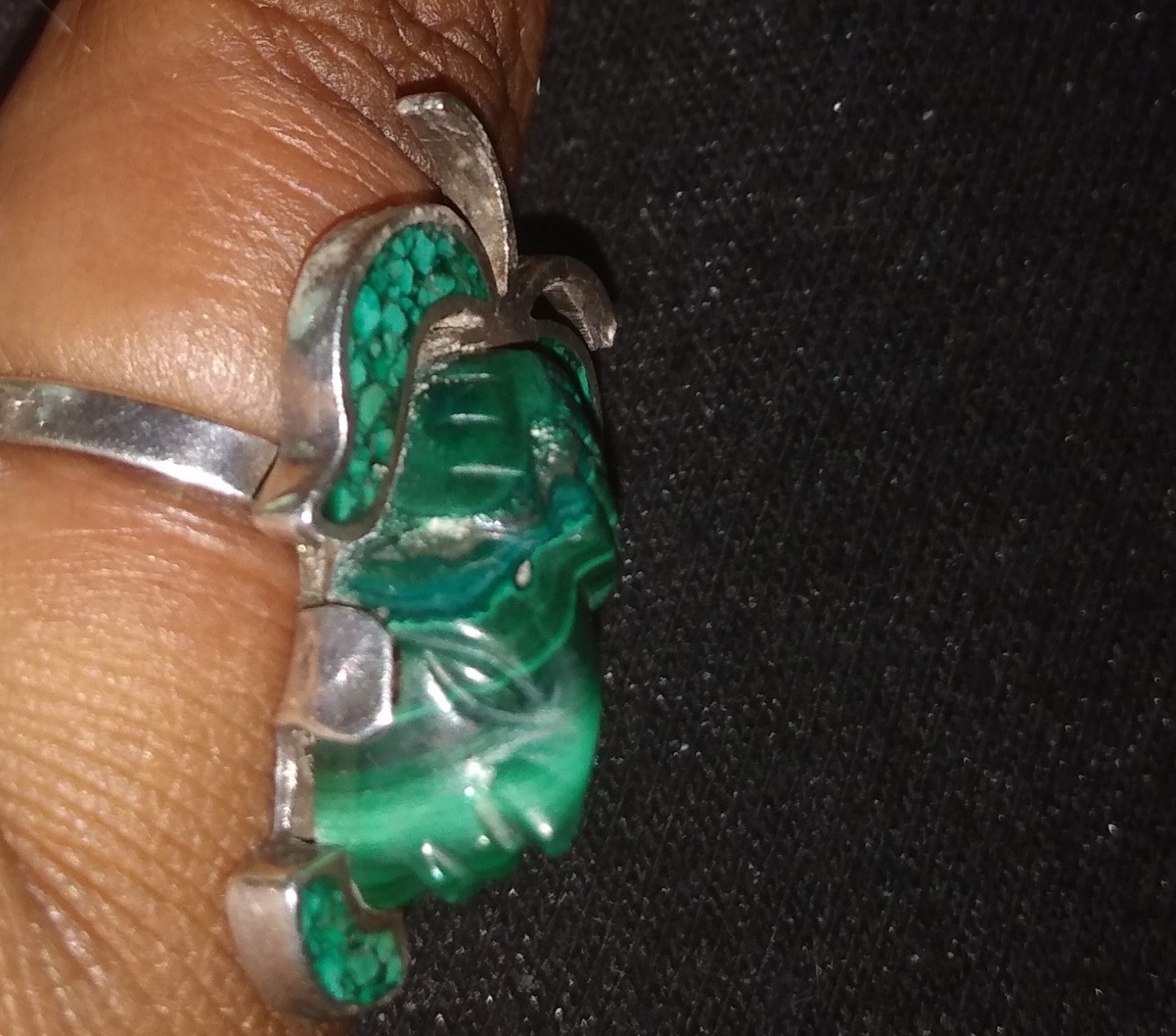 Vintage Sterling silver OOAK ring carved malachite Mayan warrior
