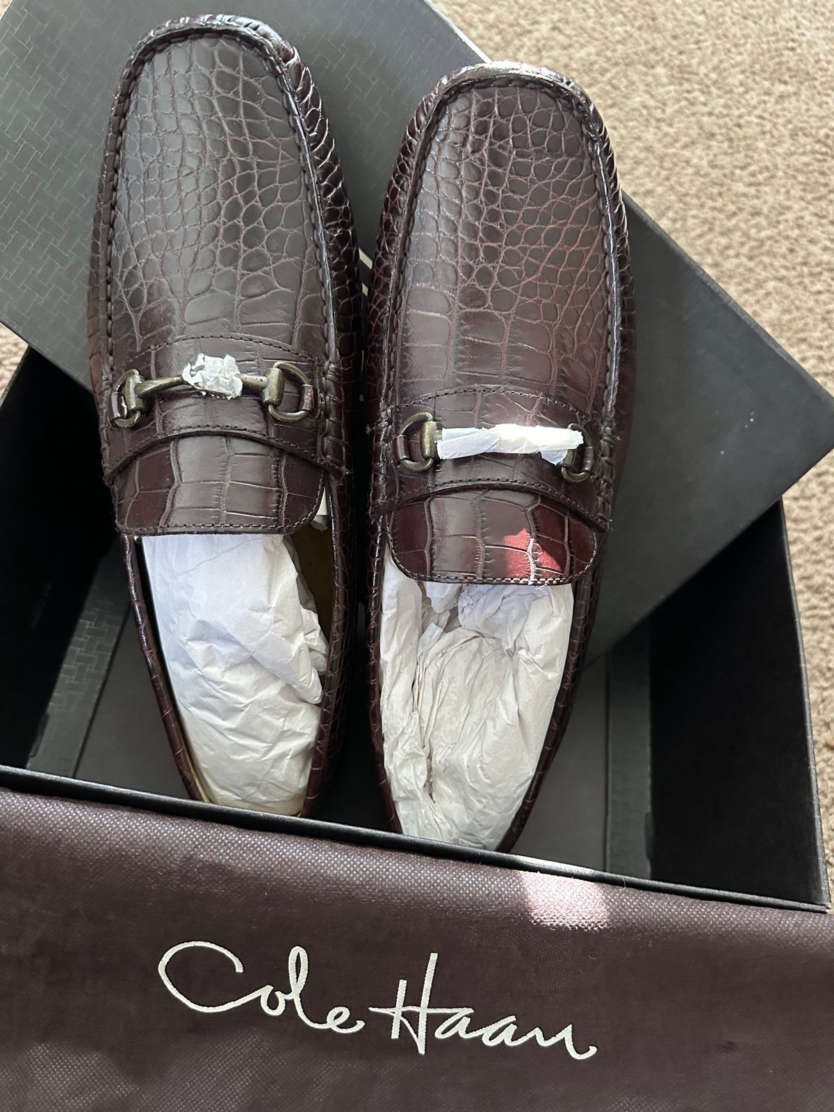 Cole Haan Bit Loafers Alligator Print Brown Leather Driving Shoes ( NEW )