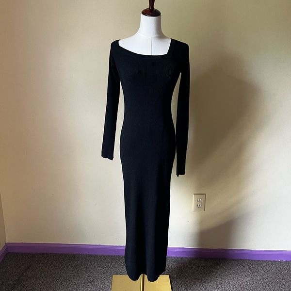 A.L.C. Brynn One Shoulder Ribbed Knit Midi Dress Black Merino Wool Long Sleeve S