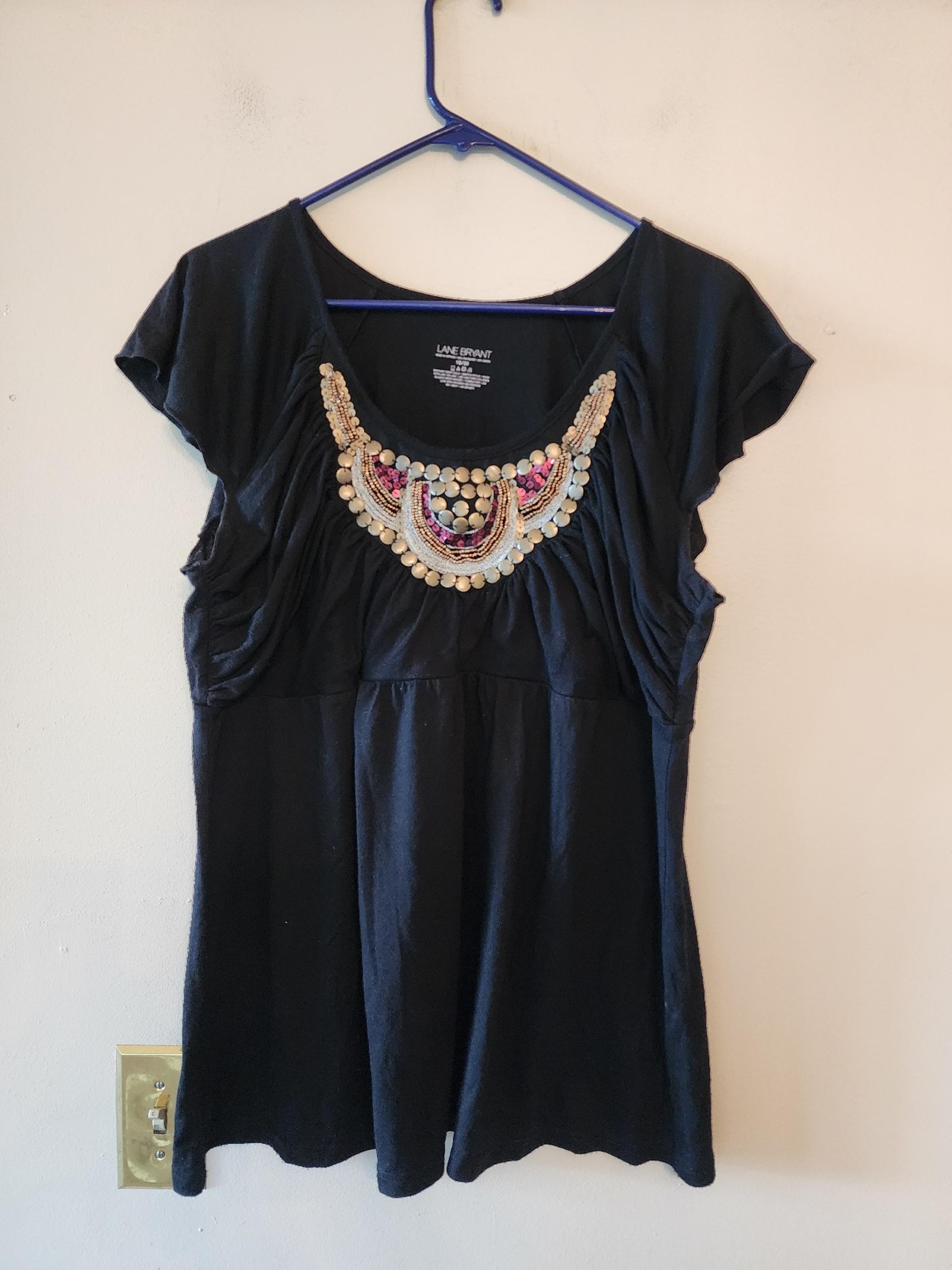 Women 18/20 Black Short Sleeve Beaded Blouse - Lane Bryant
