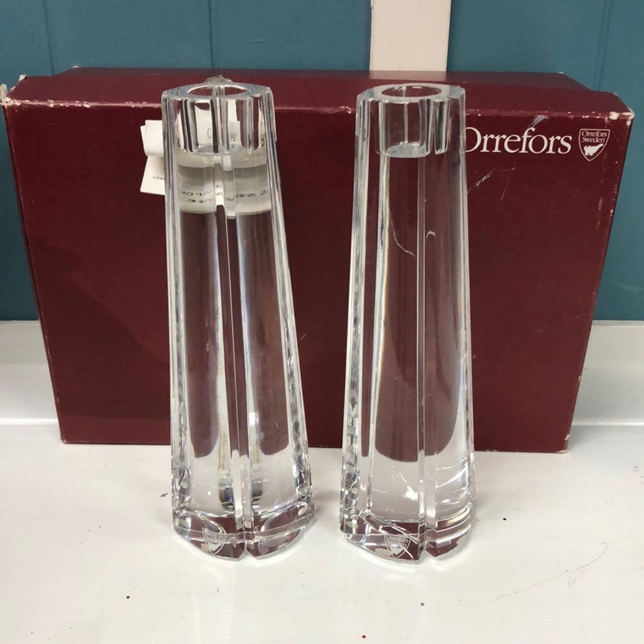 PAIR OF ORREFORS Marin Skar Cut lead CRYSTAL 8” CANDLESTICK HOLDERS Germany