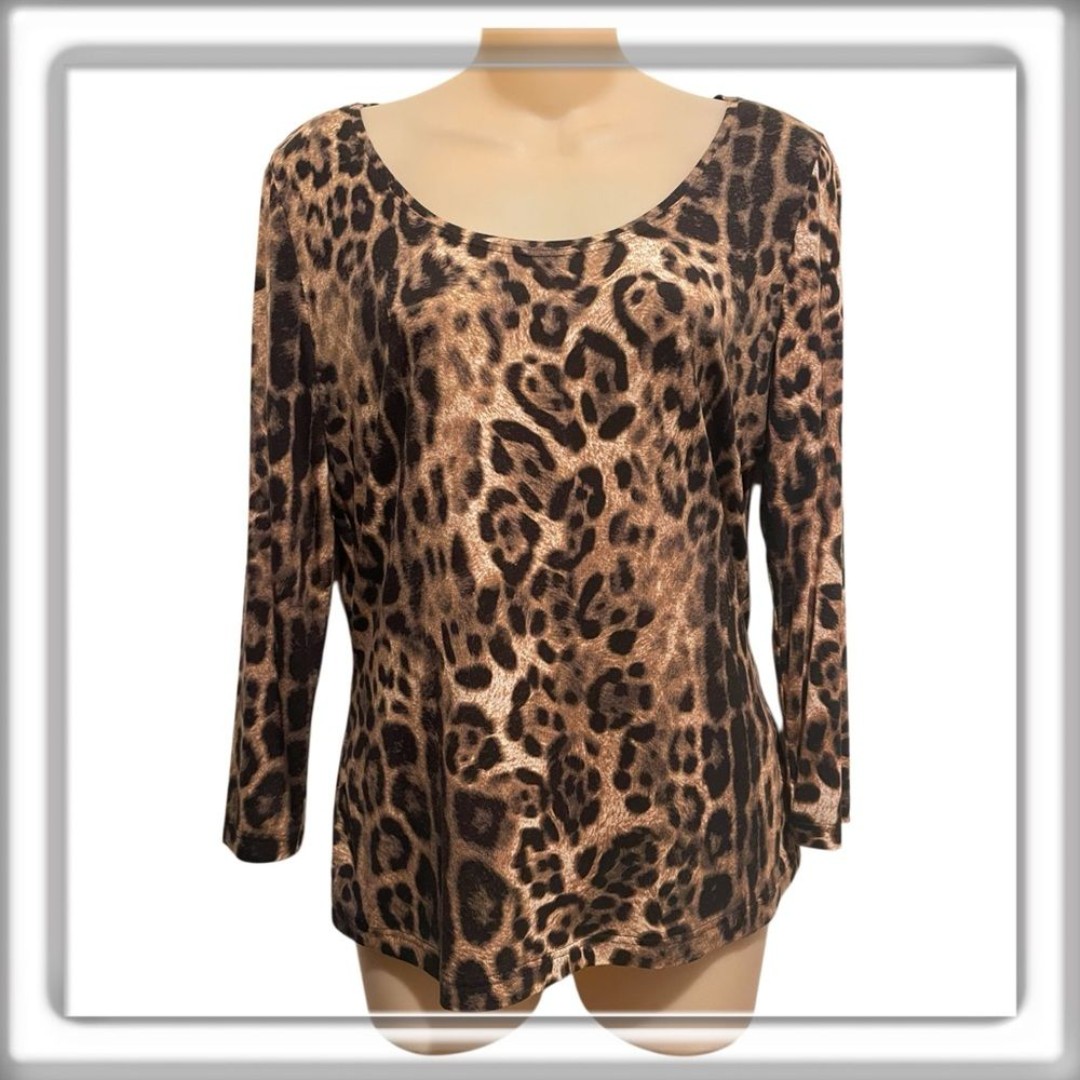 Escada By Neiman Marcus Leopard Print 3/4 Sleeve Top Black Brown Size Medium