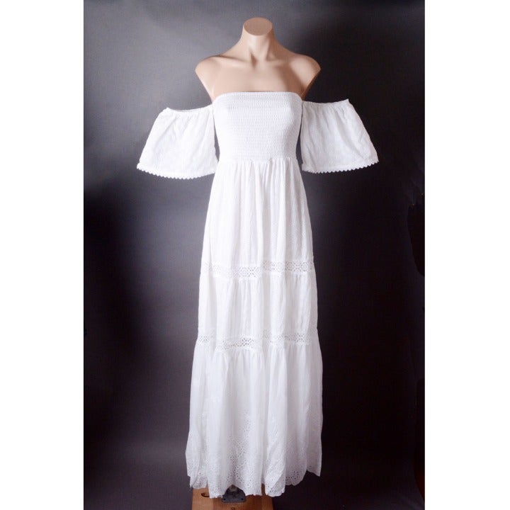 White Eyelet Smocked Off Shoulder Sleeve Boho Summer Beach Long Maxi Dress M