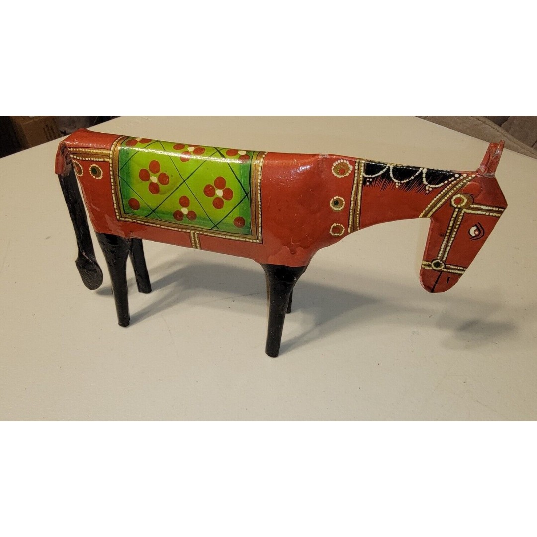 Mid Century Modern Folk Art Metal Sculpture Horse Hand Painted 9”x 5”