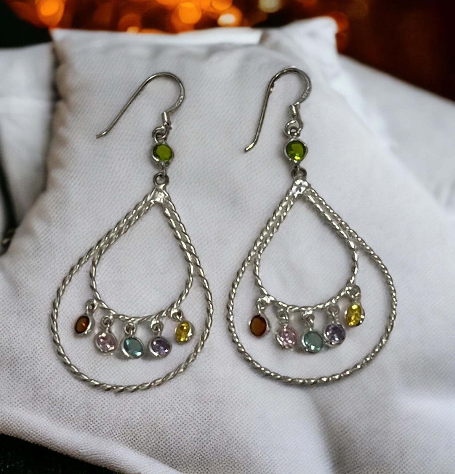 Sterling Silver 925 Bezel Set Multi Gemstone Drop Dangle Teardrop Earrings
