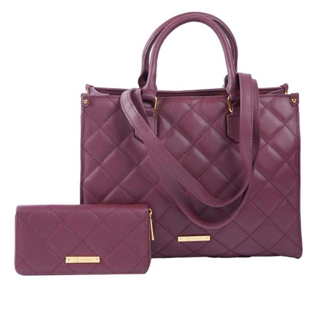 Joy Mangano First Class Luxury Leather Quilted Handbag & Clutch Wallet red wine