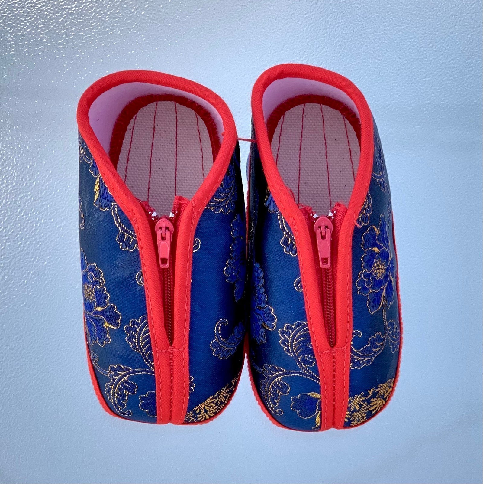 Asian Style Blue, Red and Gold Baby Slipper Shoes ~ Size 4, 6-12 Months