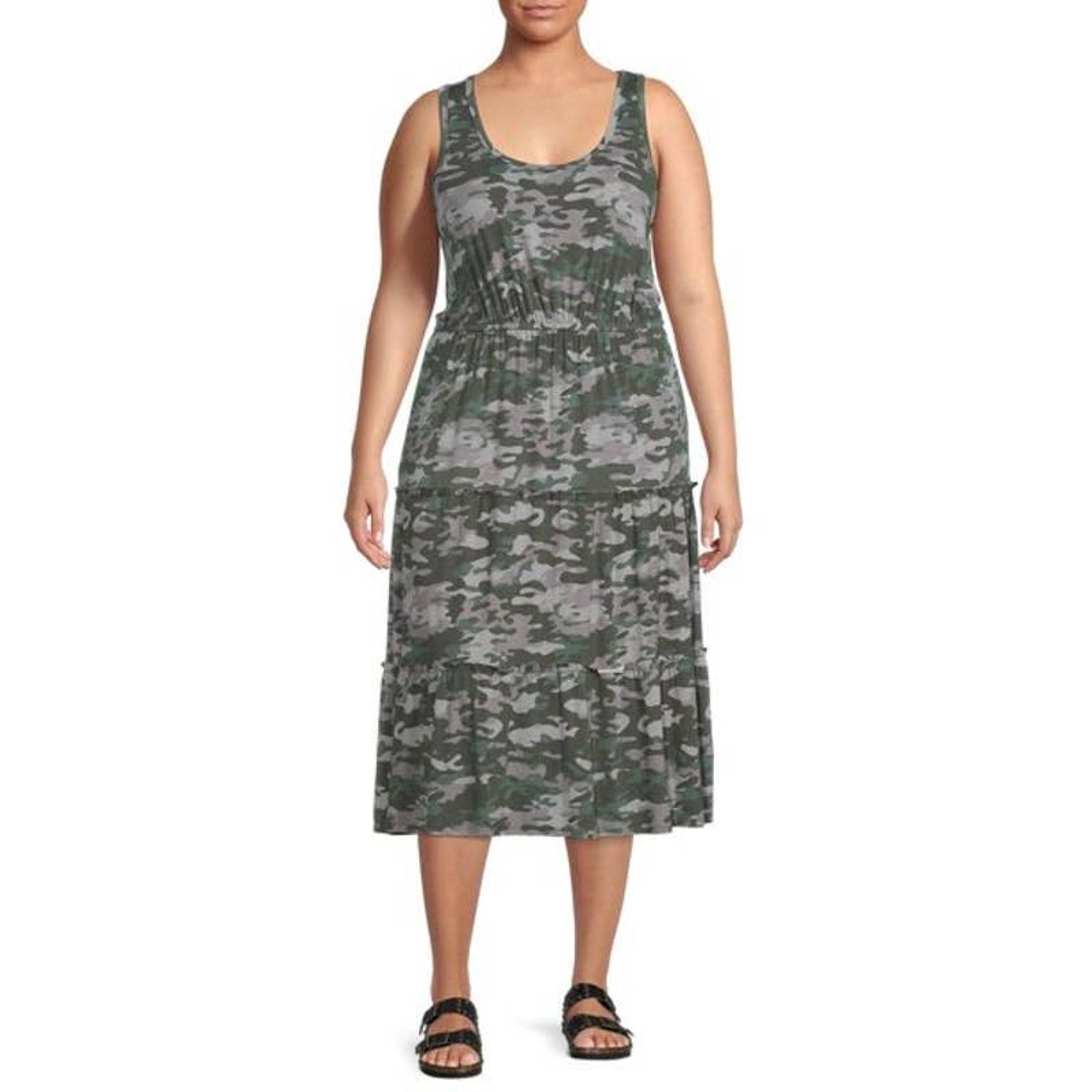 Terra & Sky Women's Green Camo Print Plus Size Tiered Midi Dress 0X