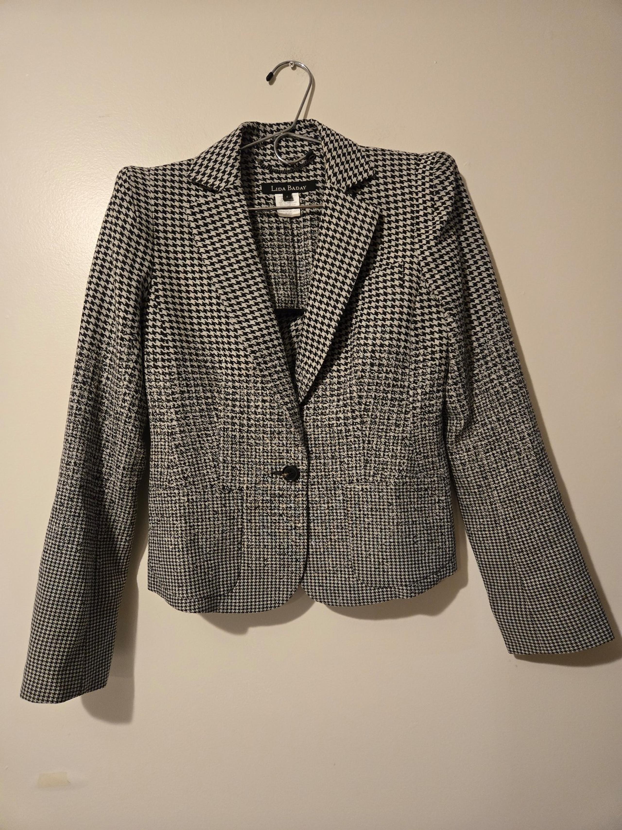 Lida Baday Superfine Wool Rayon Sz 6 Black White One Button Pad Shoulder Blazer