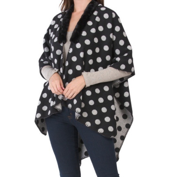 NWOT LOFT Sweater Poncho Cardigan Polka Dot With Faux Fur Trim Marino Wool Blend