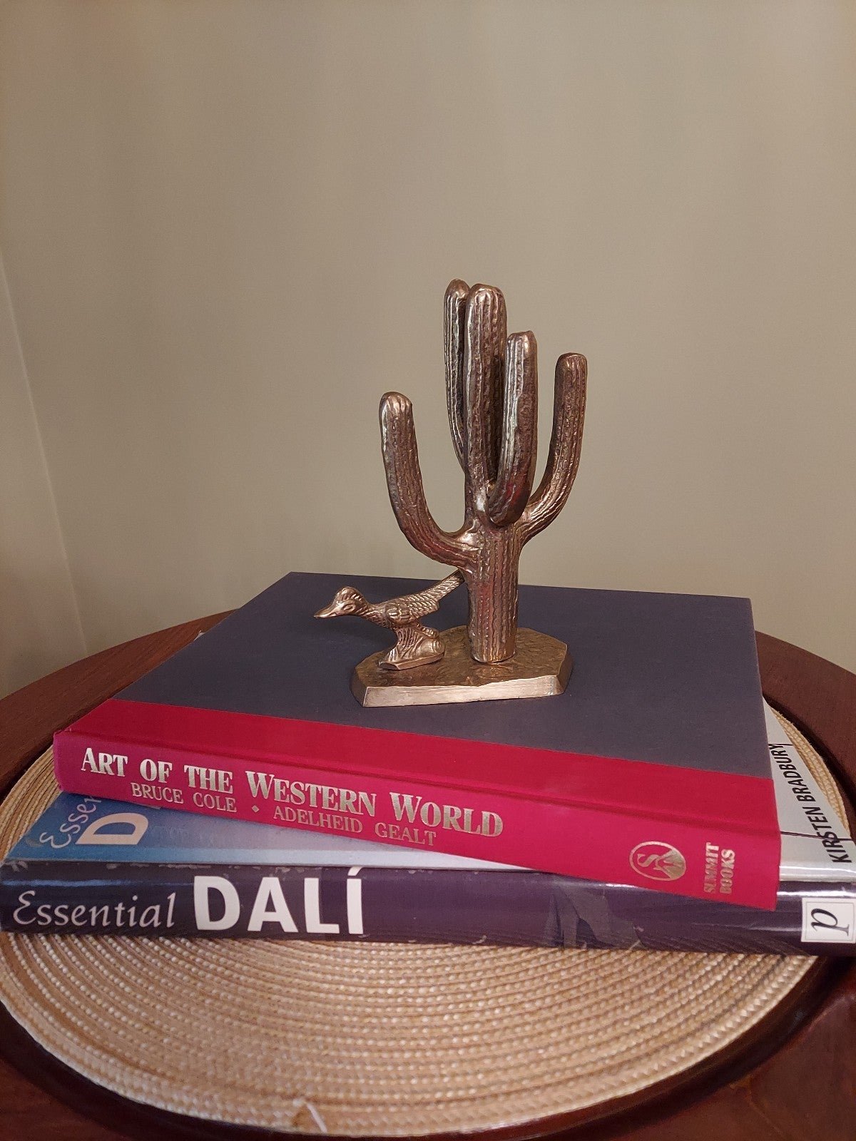 Brass Saguaro cactus and roadrunner figurine bookend desk decor