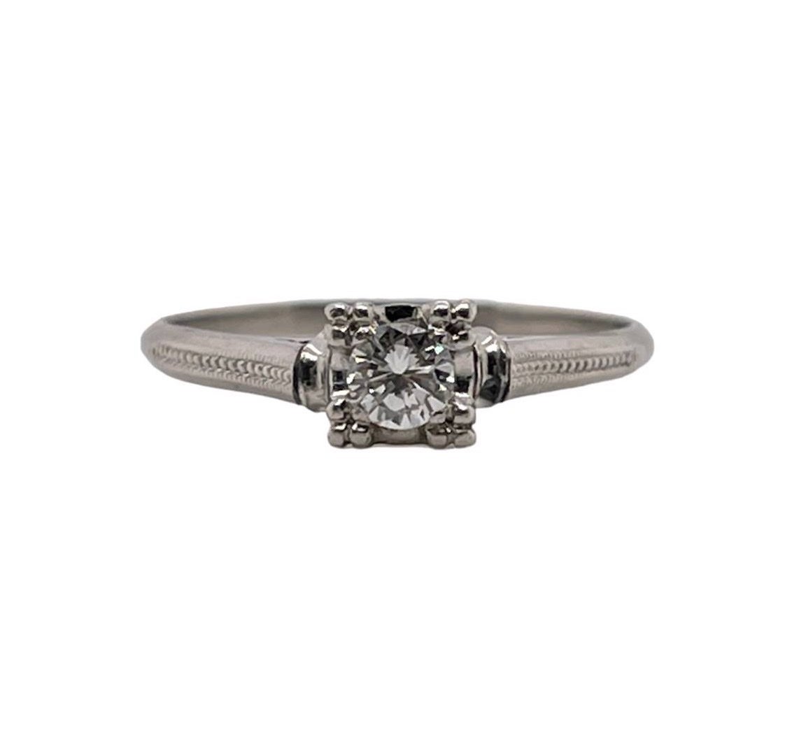 Art Deco Platinum 0.15 Ct Natural Round Diamond Solitaire Ring