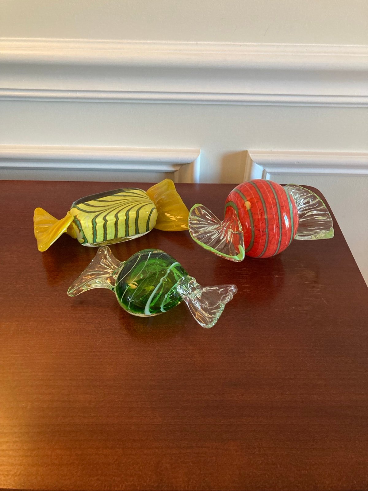 Candy Art Glass Lot of 3 LARGE 5-6 in Green, Red and Yellow Vintage MCM