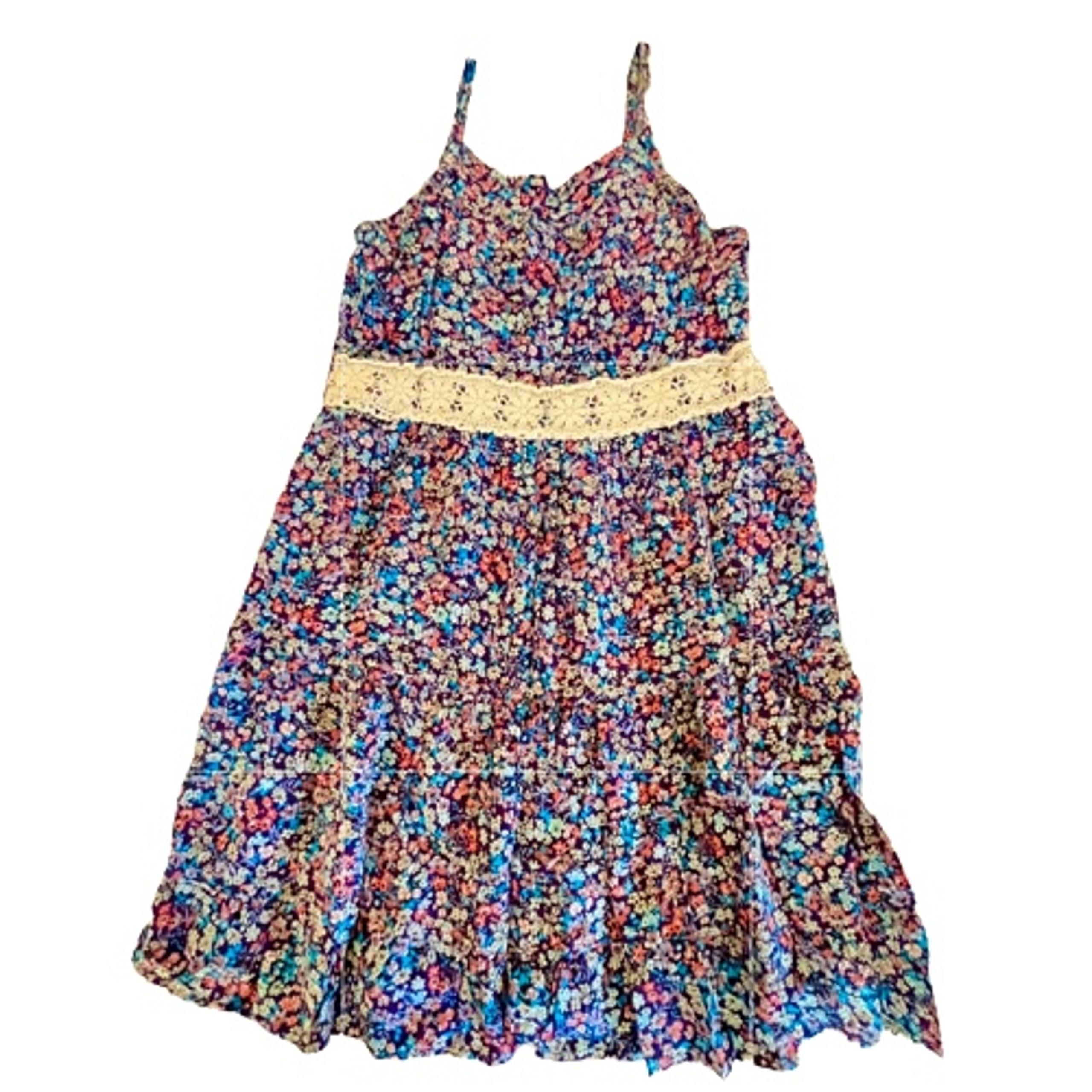 Floral Sundress Adjustable Straps with Crochet Lace Band at Waist.