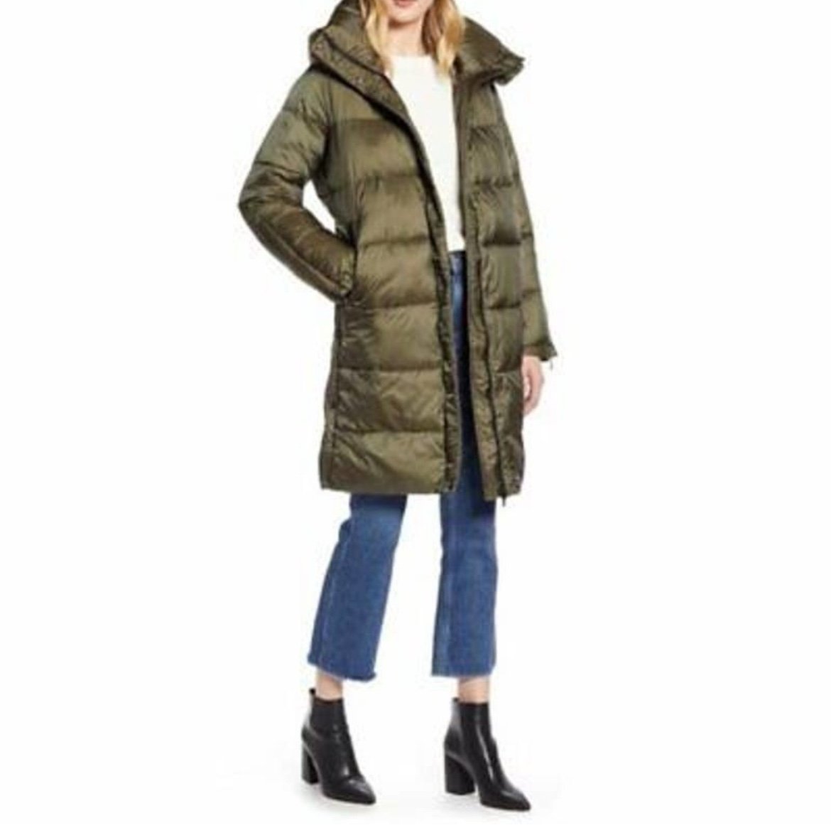 HALOGEN Side Lace-Up Hooded Puffer Parka Coat in Olive Green.
