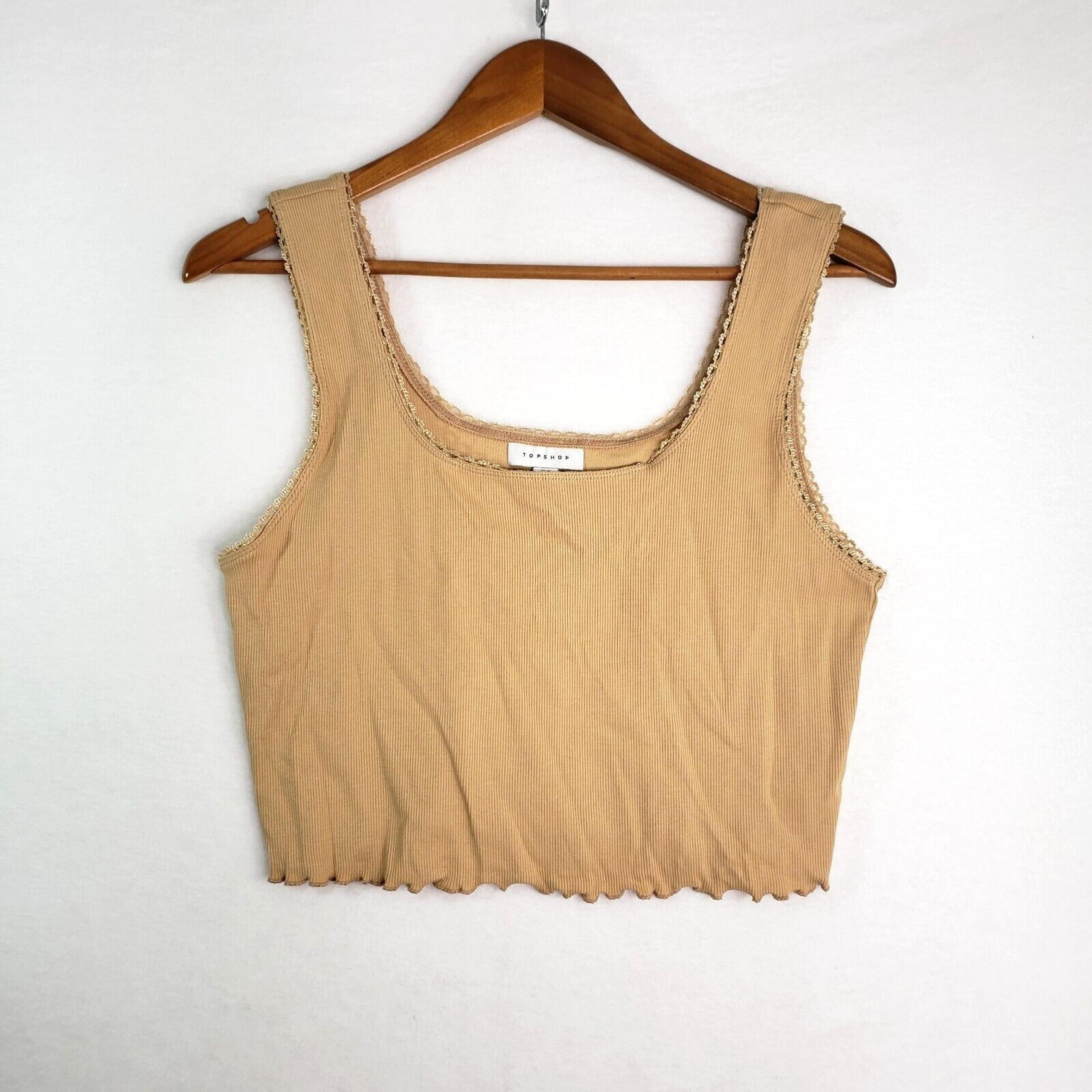 Topshop Crop Tank Top Womens 12 Beige Ribbed Lace Trim Sleeveless Casual Retro