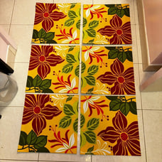 6 Placemats 14 x 14 Square Mustard Yellow Floral and Green Indoor / Outdoor