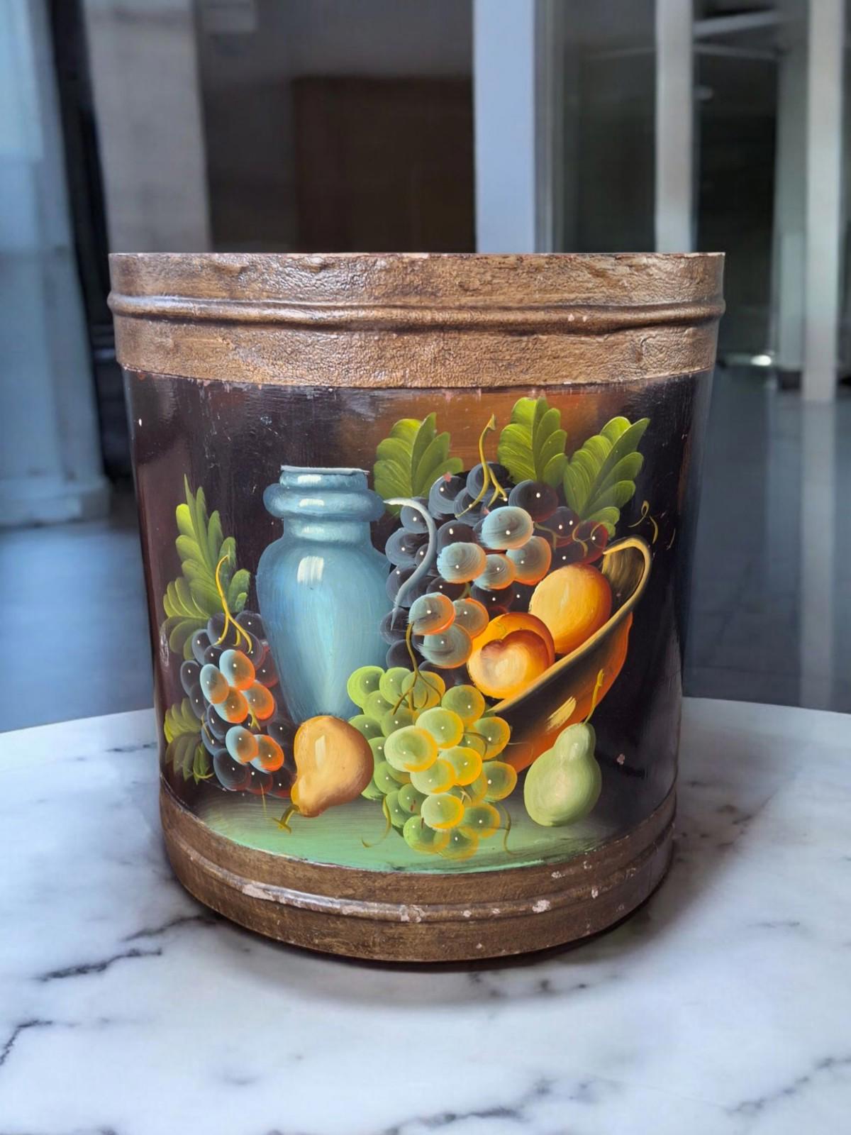 Mid 20th Century English Arts & Craft Tole Fruit Wood Wastebasket Can Container