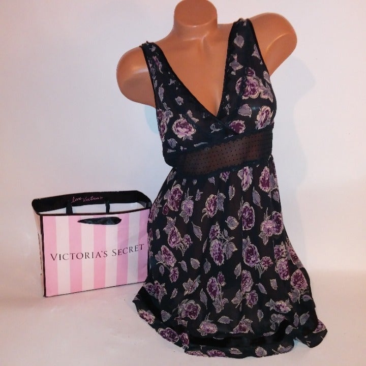 Victoria Secret Lingerie Babydoll Chemise Medium Black Floral 2006 Collection An