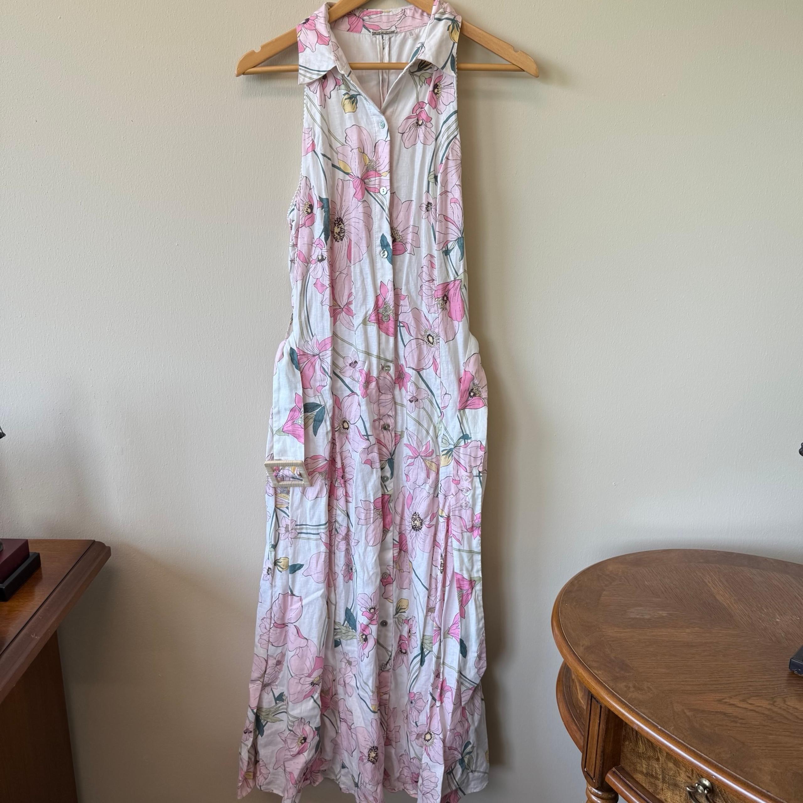 Elie Tahari white pink floral sleeveless linen button front midi dress