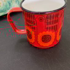 Finel Finland Arabia Vintage Lintu Bird Mug Enamel Cup Red Orange MCM vintage