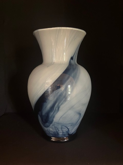 Murano Art Glass - One Vintage Lavoraziane Blue, White & Black Swirl Vase