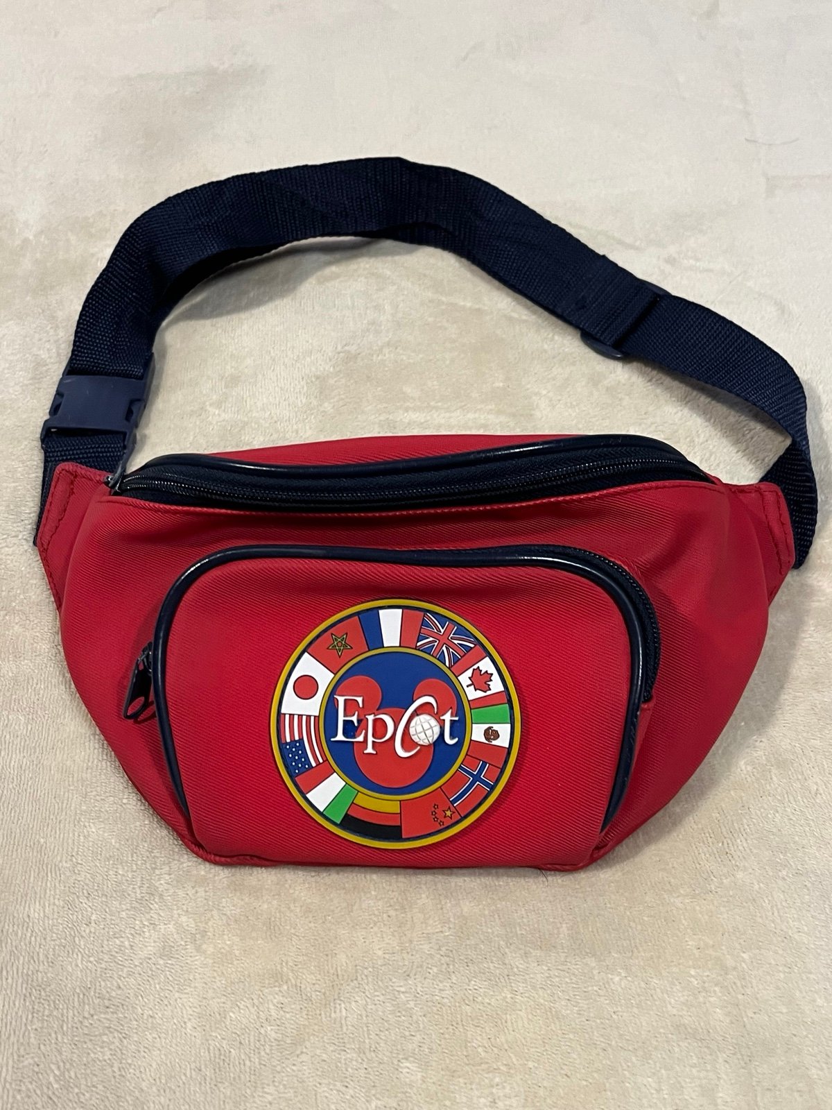 Vintage Rare 90's Epcot Walt Disney World Flags Red Fanny Pack Belt Bag Mickey