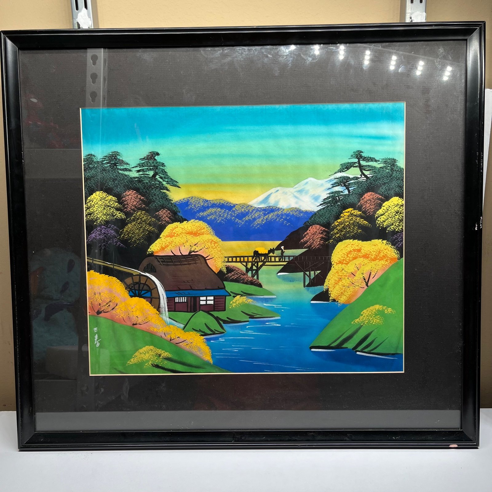 Japanese Painting Framed Mountain River Bridge Signed