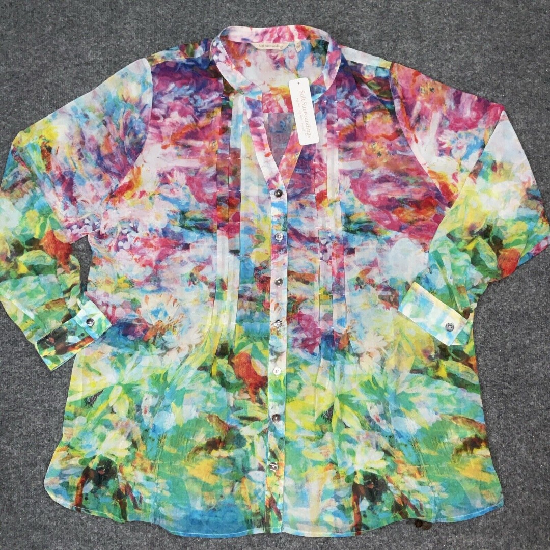 Soft Surroundings Shirt Womens Size 1X Radiant Garden Sheer Pleated IONA Artsy