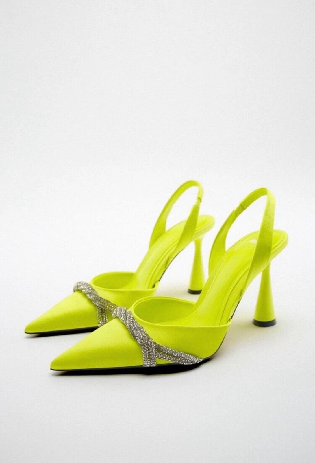 ZARA, Neon Green Satin Effect Rhinestone Heels In Neon green. Size 36/6