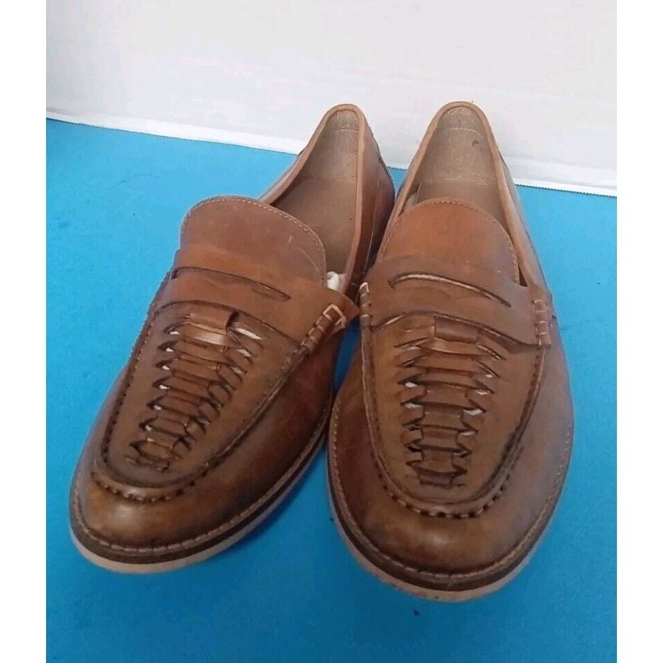 Classic Brown Leather Woven Penny Loafers Casual Dress Shoes