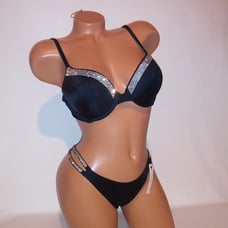 Victoria Secret Swim Bikini 34B Top Small Bottom Push Up Shine Strap Bling Black