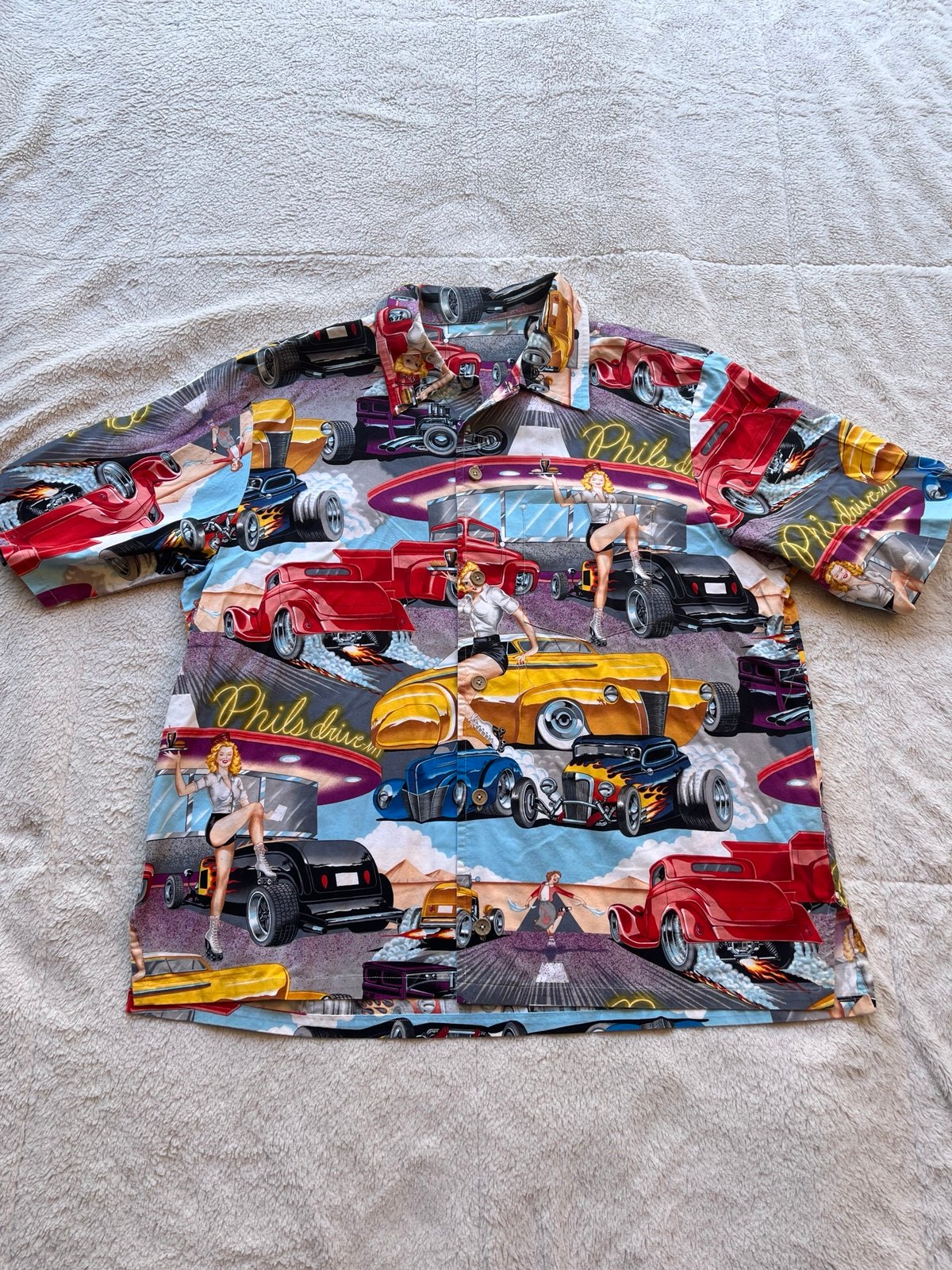 Vintage Phil’s Drive In Diner Hot Rods 50s 60s Hawaiian Button Shirt Mens L Vtg