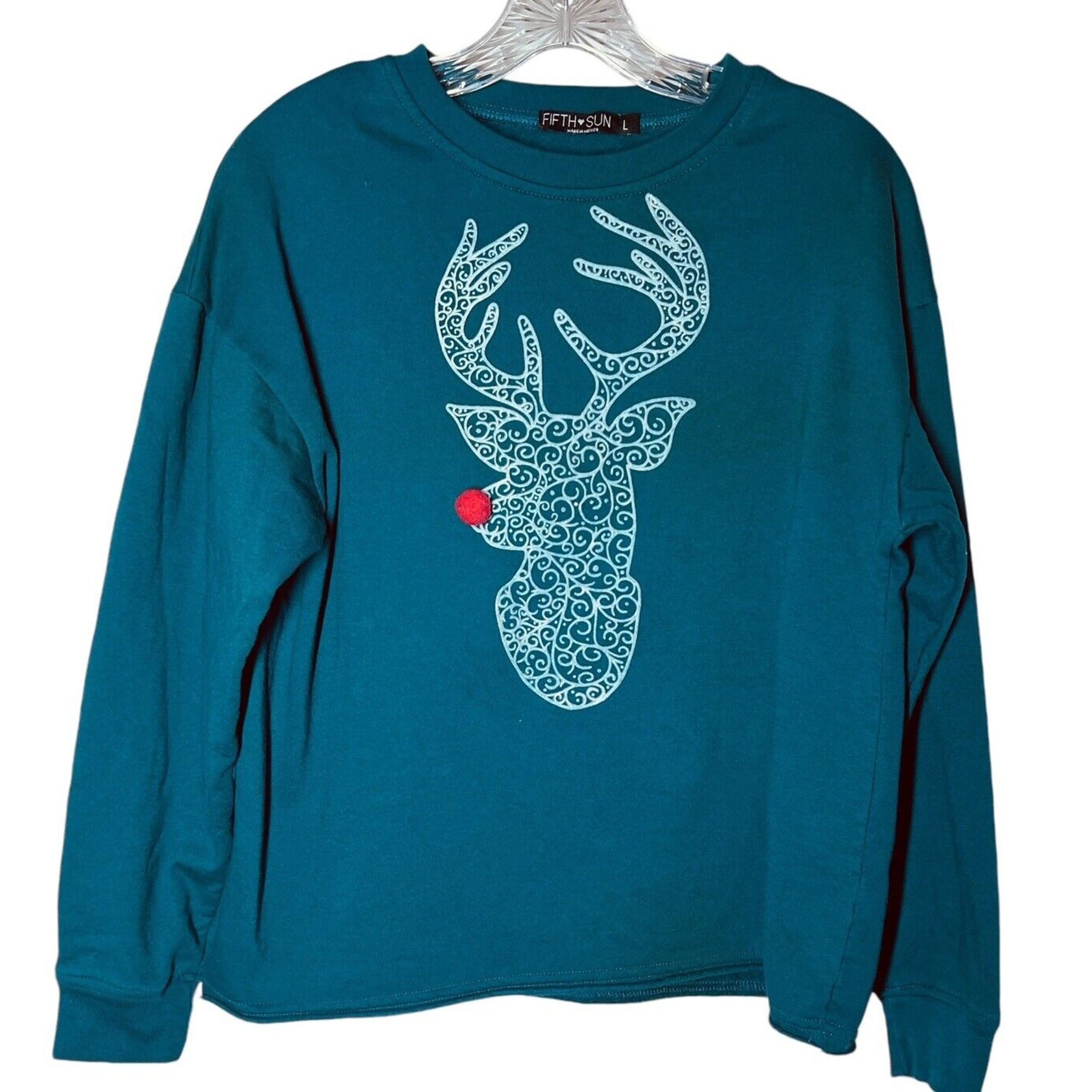 Holiday Sweatshirt Women’s LARGE Teal Green Reindeer Crew Neck Fleece - Fifth Sun