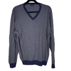 J Crew Mens Medium Navy Blue Gray Striped Cashmere Cotton VNeck Sweater Pullover
