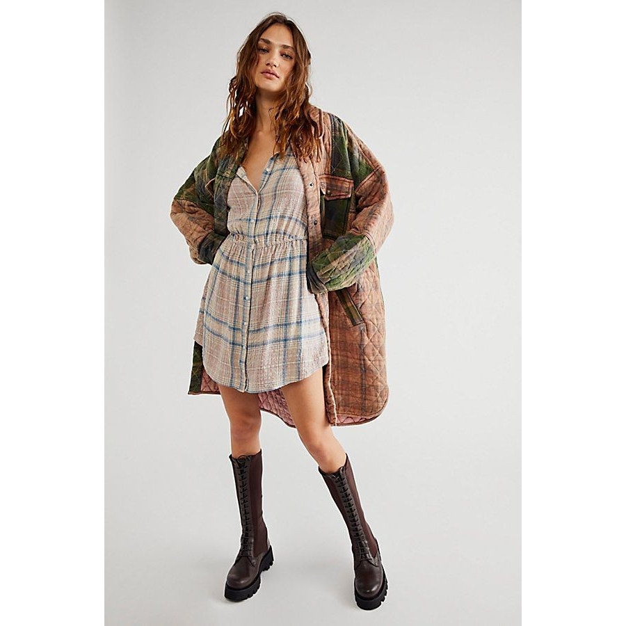 New Free People Elai Plaid Mini Shirtdress 148 X-SMALL Ivory Combo Long Sleeve