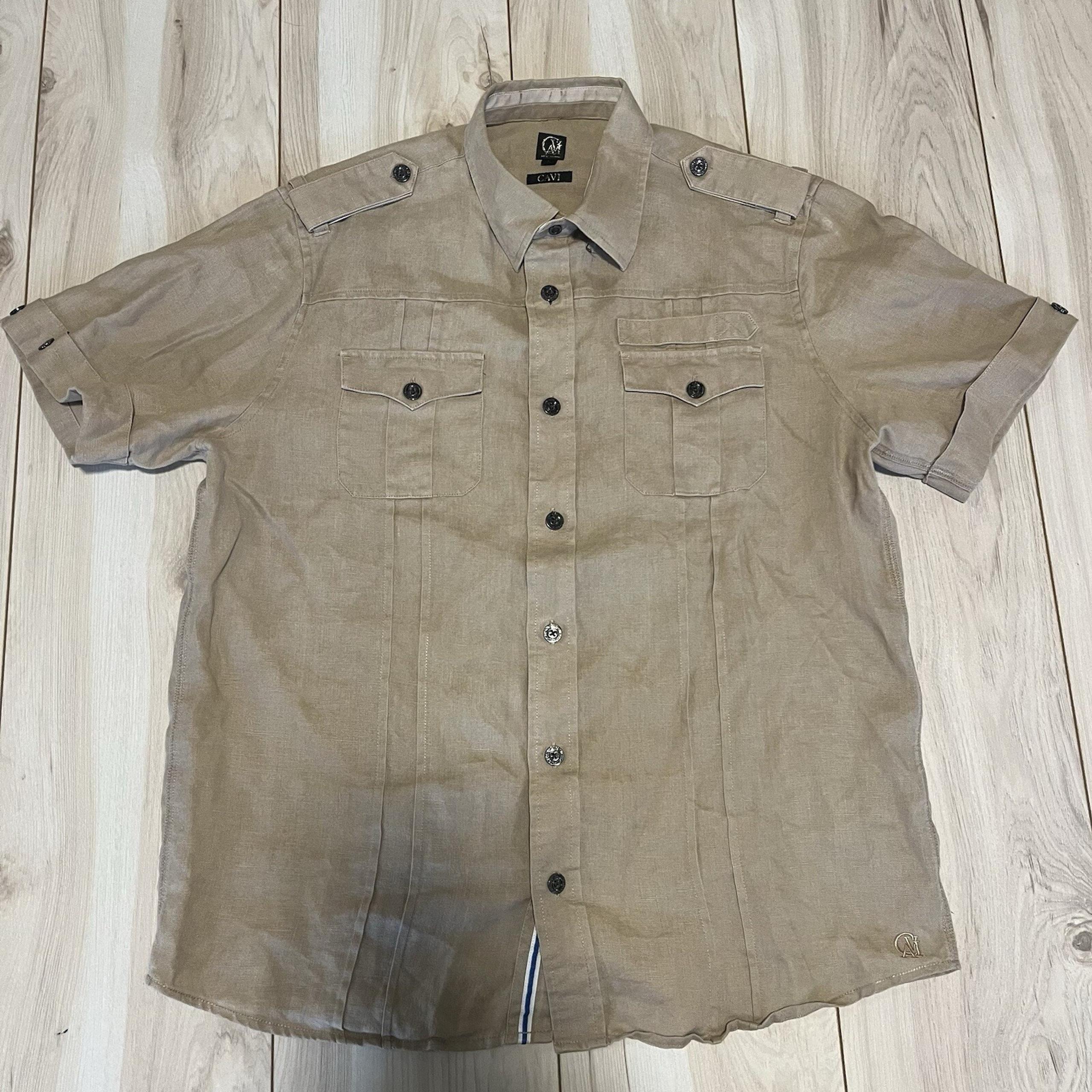 CAVI Short Sleeve 100% Linen Shirt Beige Men's Size L Large